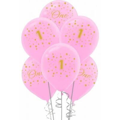 Altın First Birthday Baskılı Pembe Balon 5'li Paket - 1