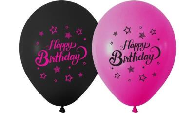 Happy Birthday Baskılı Pembe Siyah Balon 5'li - 1