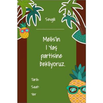 Kişiye Özel Ananas Temalı Kız Çocuk Doğum Günü Davetiyesi 12'li - 1